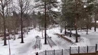 <strong>梦</strong>中的降雪4K视频在<strong>大学</strong>地面与分枝树木周围的冬季